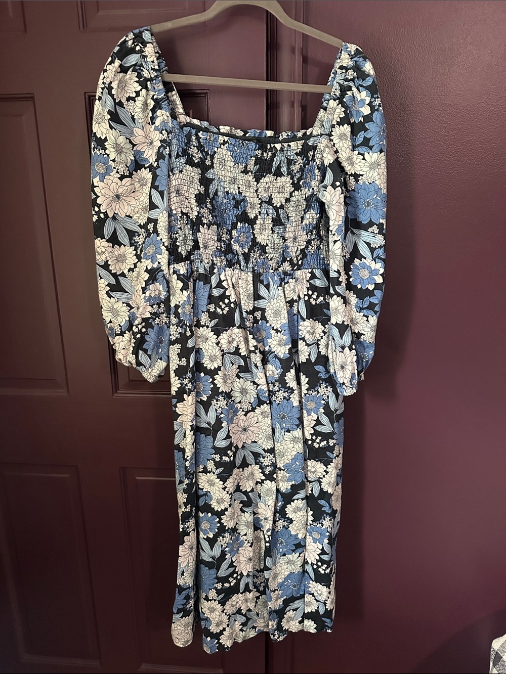 J. Crew Black Floral Linen Midi Dress with Blue and Cream Blooms